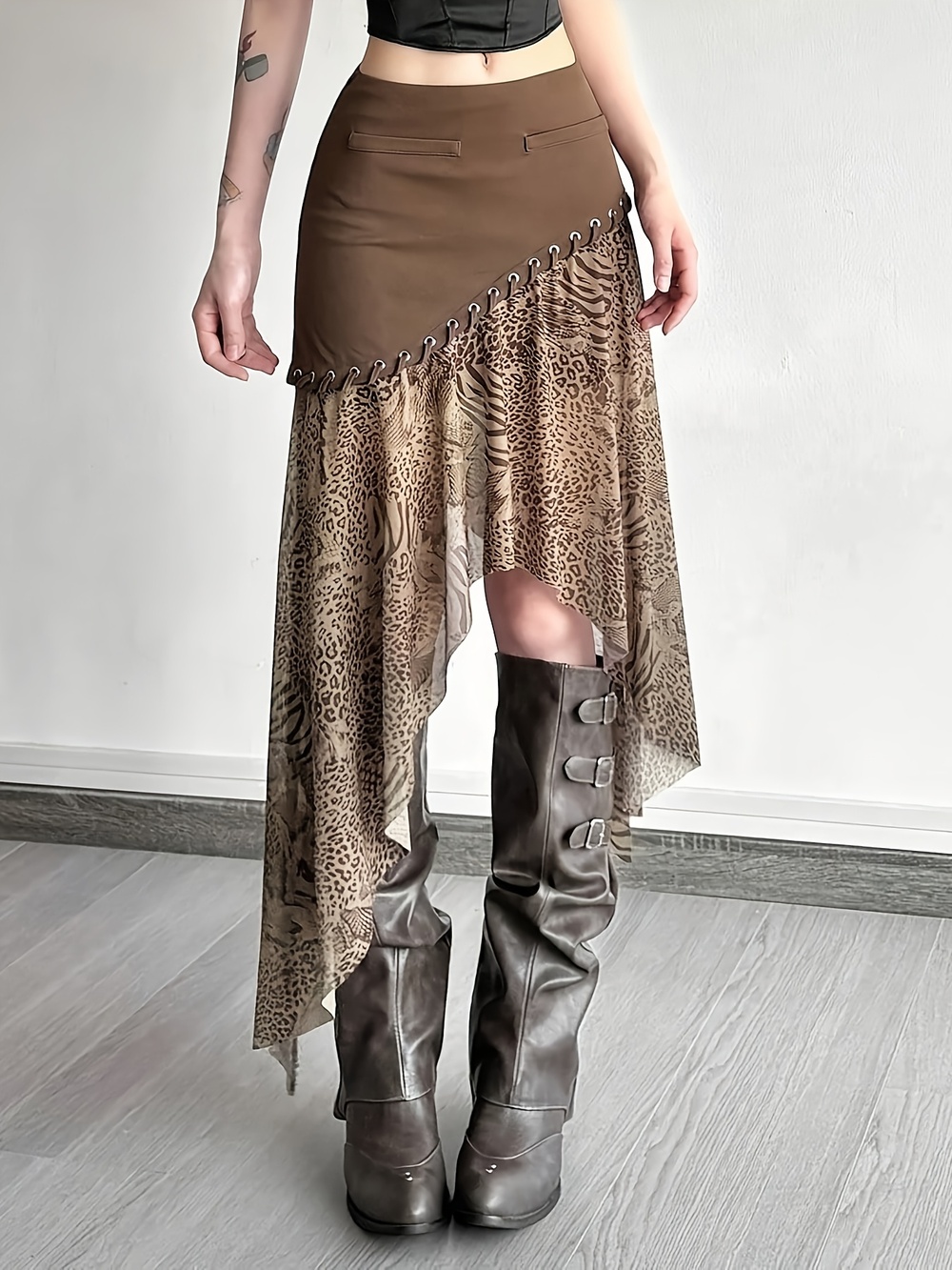 Asymmetrical Skirt Coffee Brown Patchwork High-Waist A-Line